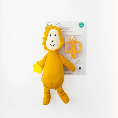 A soft lion sensory toy and silicone lion teether displayed in retail packaging against a white background.