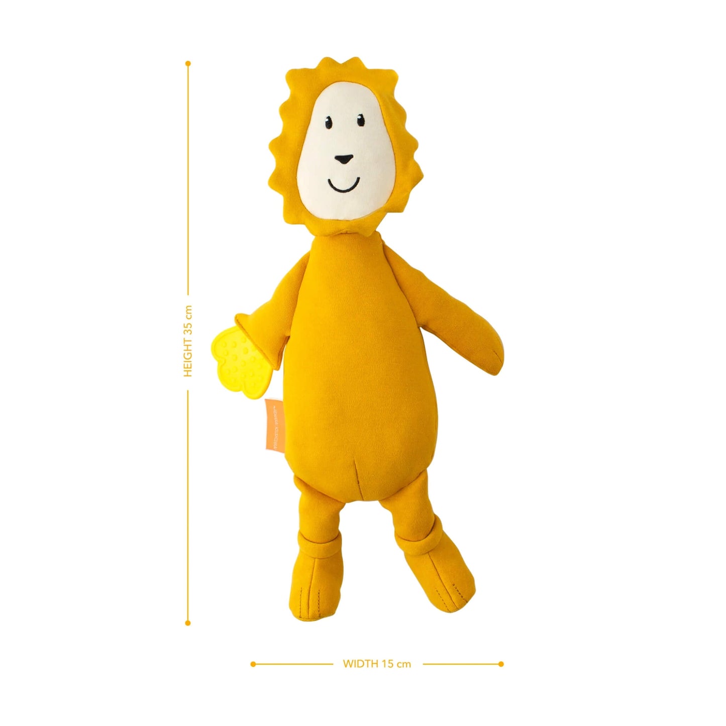 A soft lion sensory toy with attached textured teething leaf shown with dimensions measuring 35cm high and 15cm wide.
