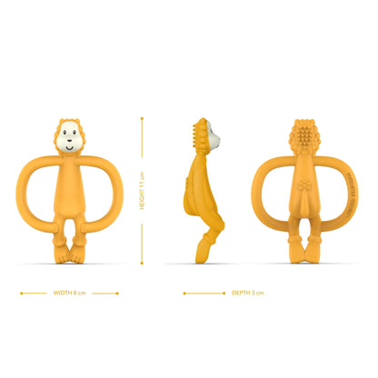 A silicone lion teether shown from front, side and back views with dimensions and textured surfaces for soothing sore gums.