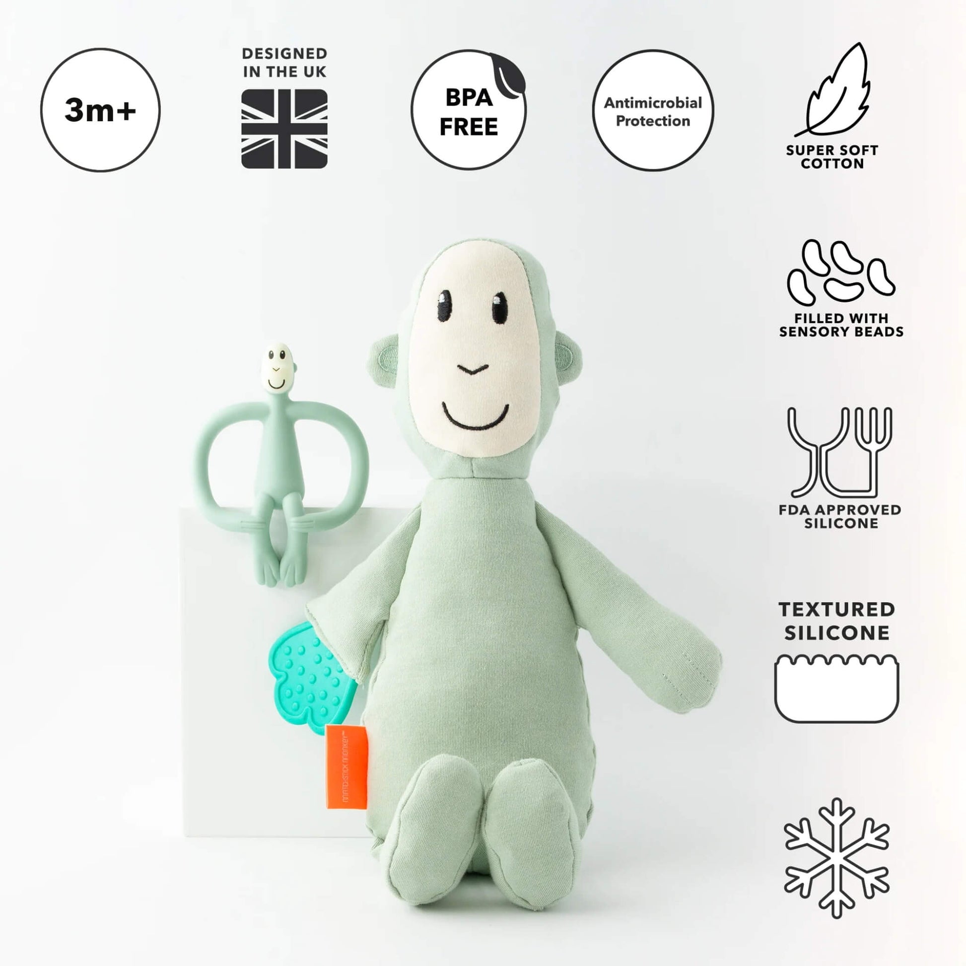A soft monkey sensory toy and silicone monkey teether with icons highlighting BPA-free materials, antimicrobial protection and sensory features.