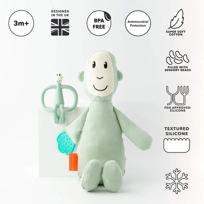 A soft monkey sensory toy and silicone monkey teether with icons highlighting BPA-free materials, antimicrobial protection and sensory features.
