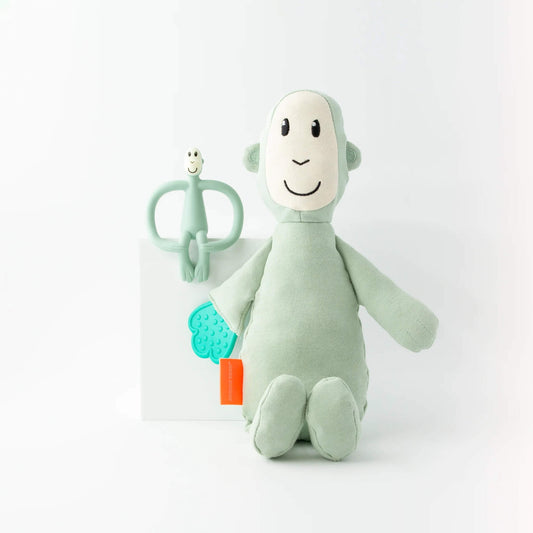 A Matchstick Monkey Sensory Teething Teddy Set featuring a soft monkey comfort toy with attached textured teething leaf and matching silicone monkey teether.