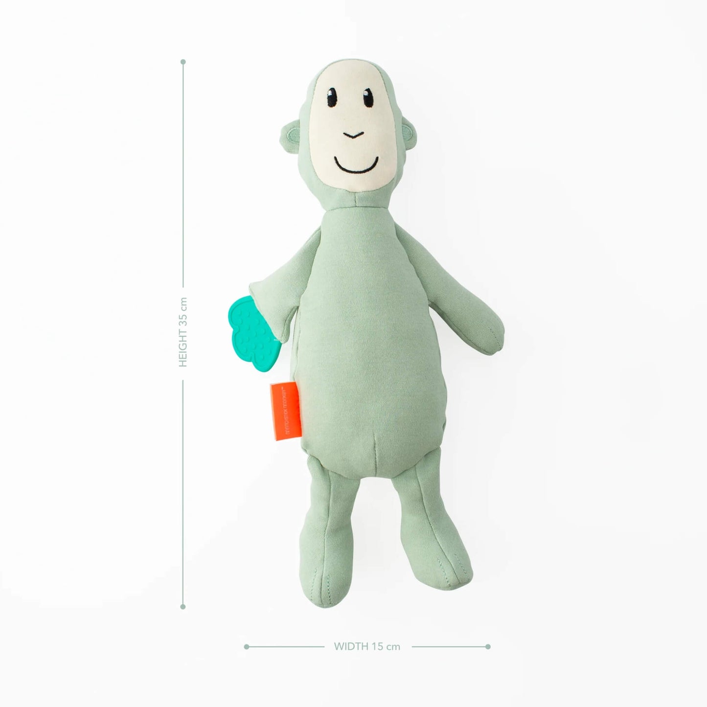 A soft green monkey sensory toy with attached textured teething leaf shown with dimensions measuring 35cm high and 15cm wide.