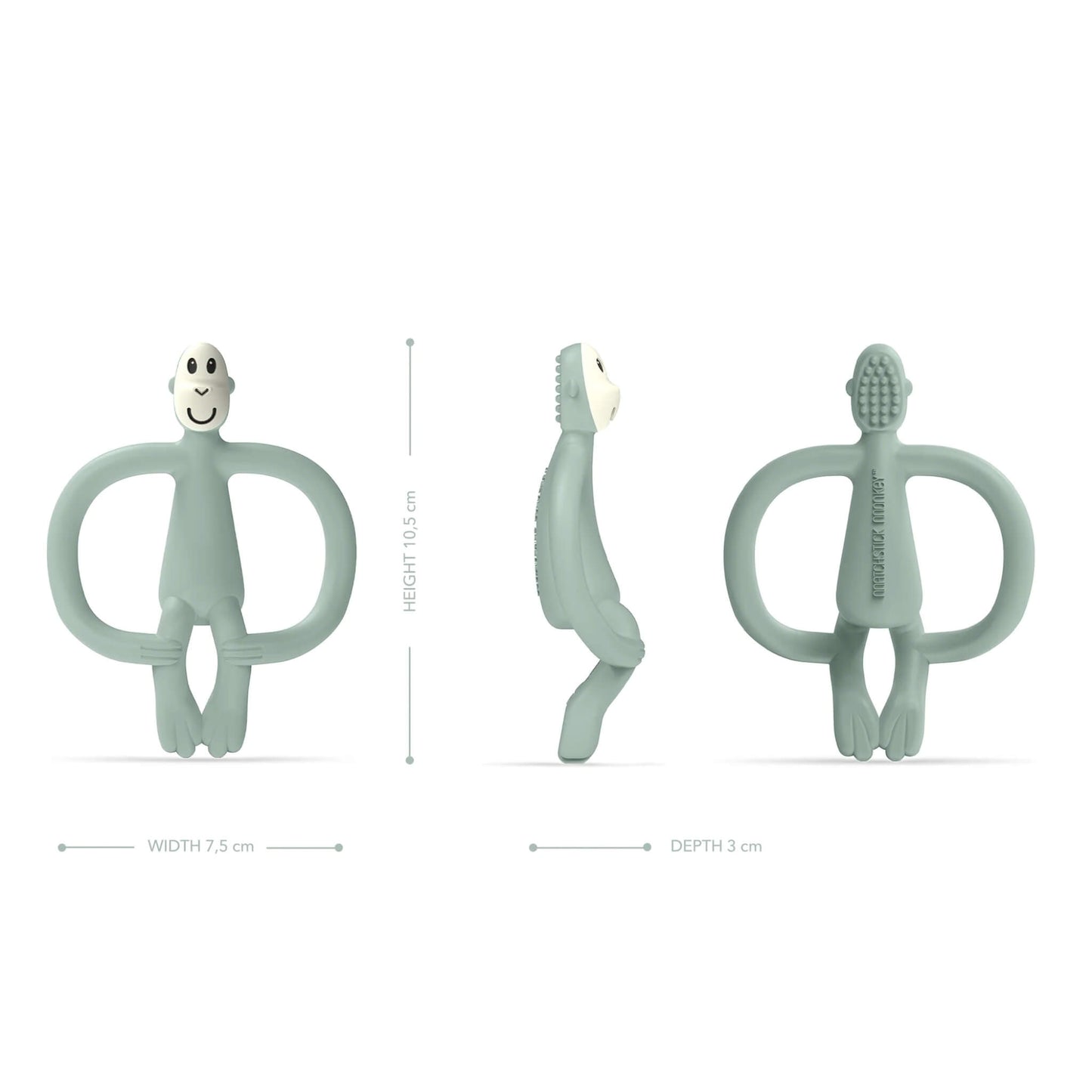 A silicone monkey teether shown from front, side and back views with dimensions and textured surfaces for soothing sore gums.