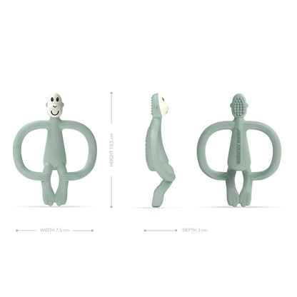 A silicone monkey teether shown from front, side and back views with dimensions and textured surfaces for soothing sore gums.