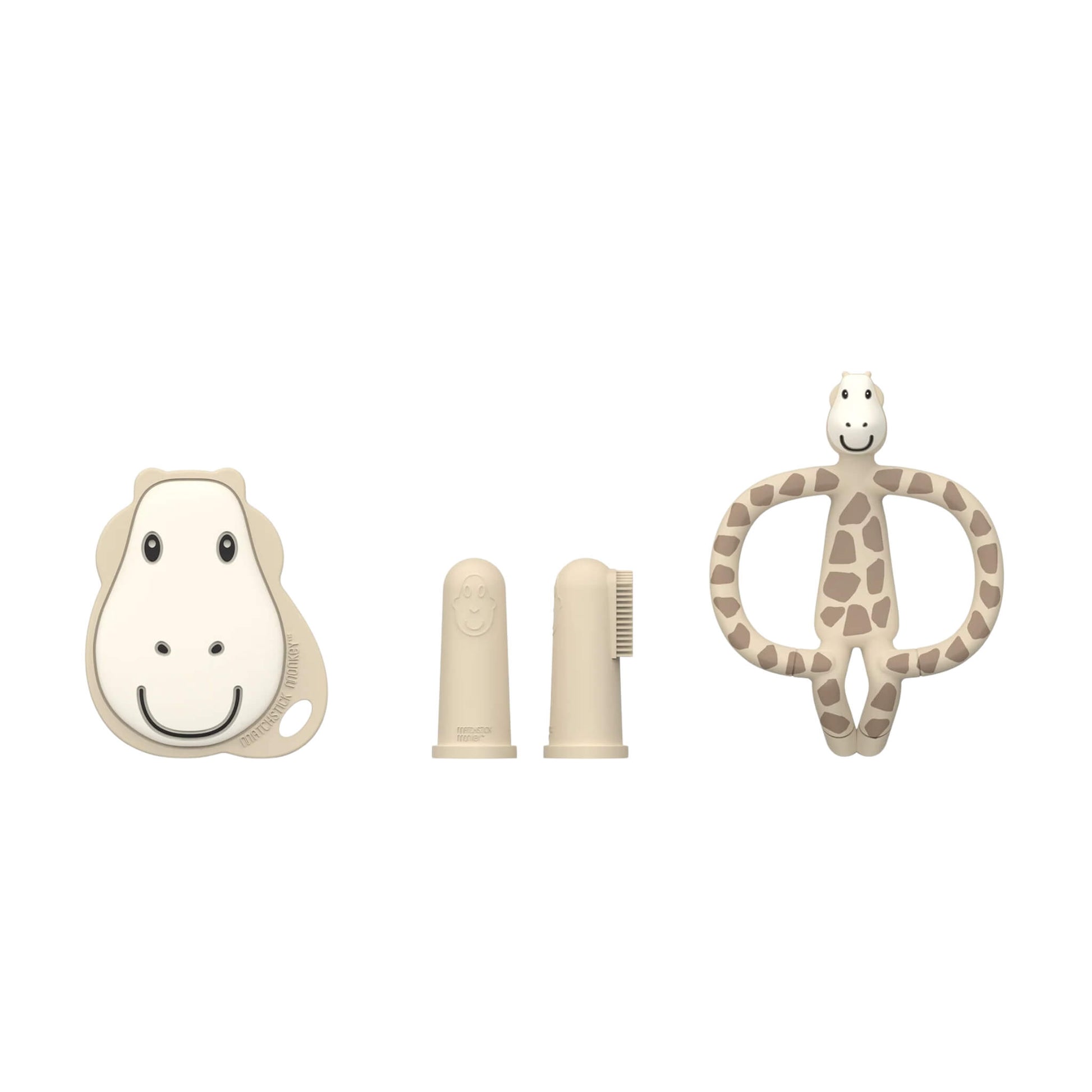 Matchstick Monkey Teething Starter Set in the Gigi Giraffe design displayed with a flat teether, two silicone finger toothbrushes, and a giraffe-shaped teether arranged in a row.