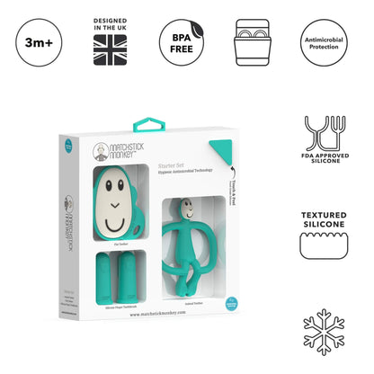 Teething starter set items arranged together inside packaging, against a white background, surrounded by icons showing age suitability, safety features, and material information.