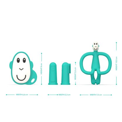 Green Flat teether, two finger toothbrushes, and a monkey-shaped teether shown with height and width measurements displayed around each item.