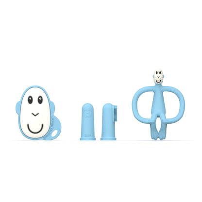 Matchstick Monkey Teething Starter Set in Light Blue including a flat teether, animal teether and two finger toothbrushes arranged on a white background.