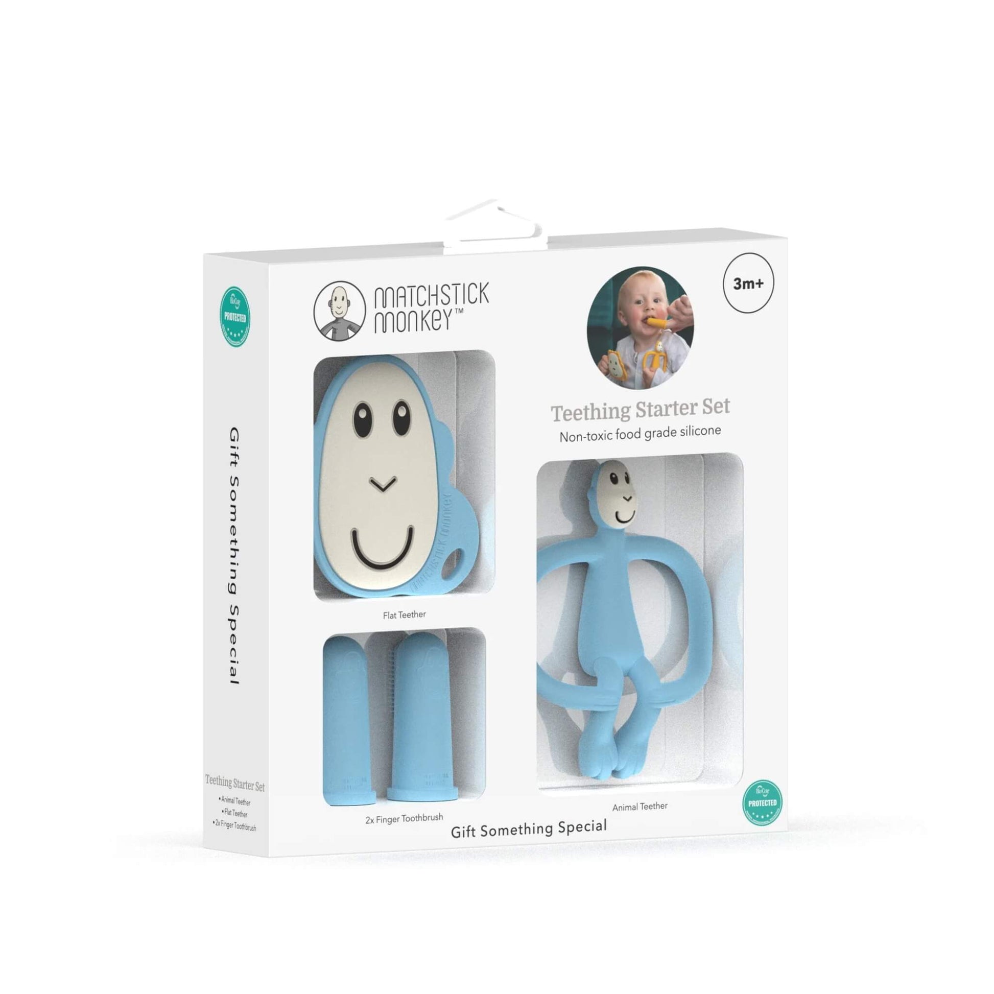 Matchstick Monkey Teething Starter Set in Light Blue gift box showing a flat teether, animal teether and two silicone finger toothbrushes.