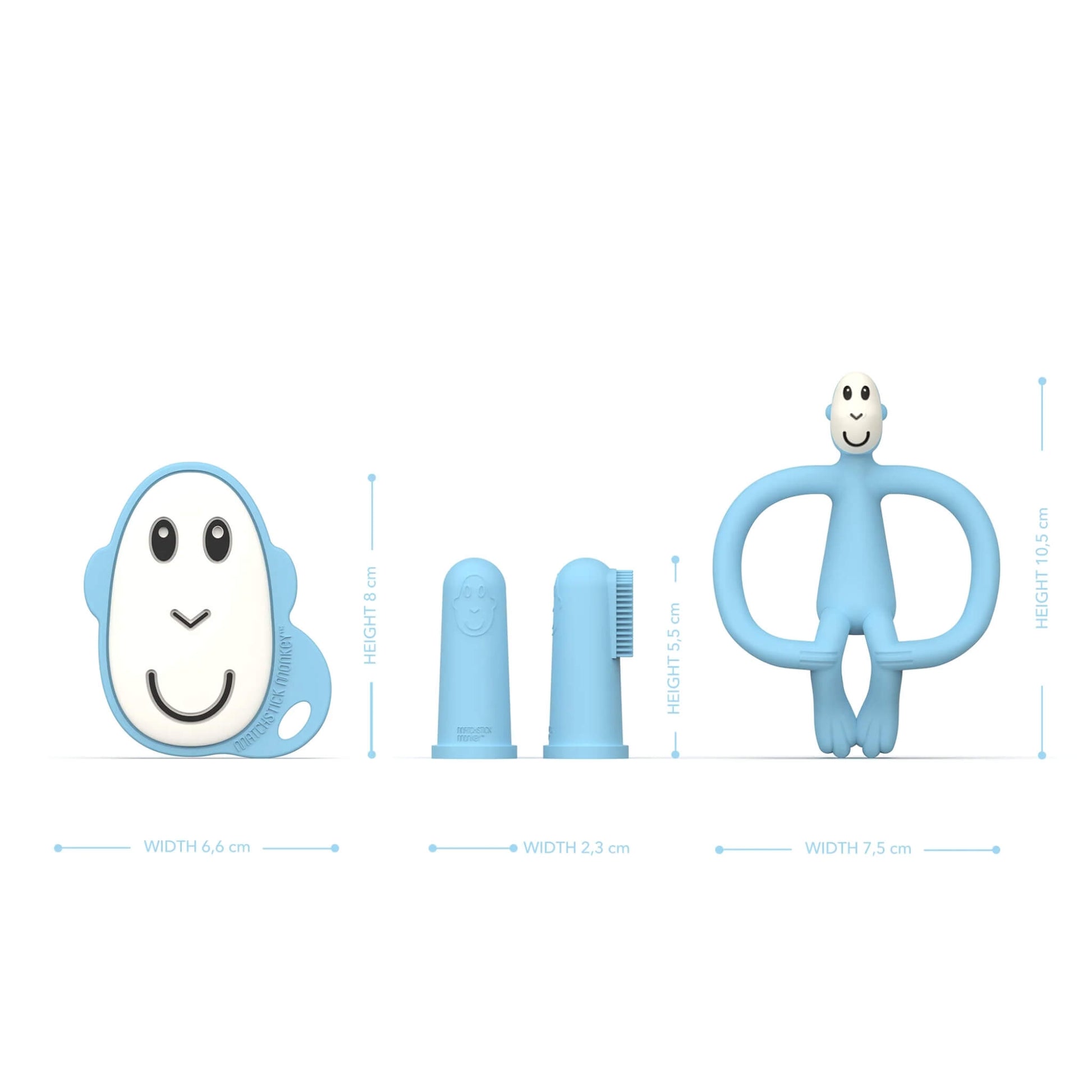 A size guide showing the dimensions of a flat teether, silicone finger toothbrushes and animal teether in the teething starter set.