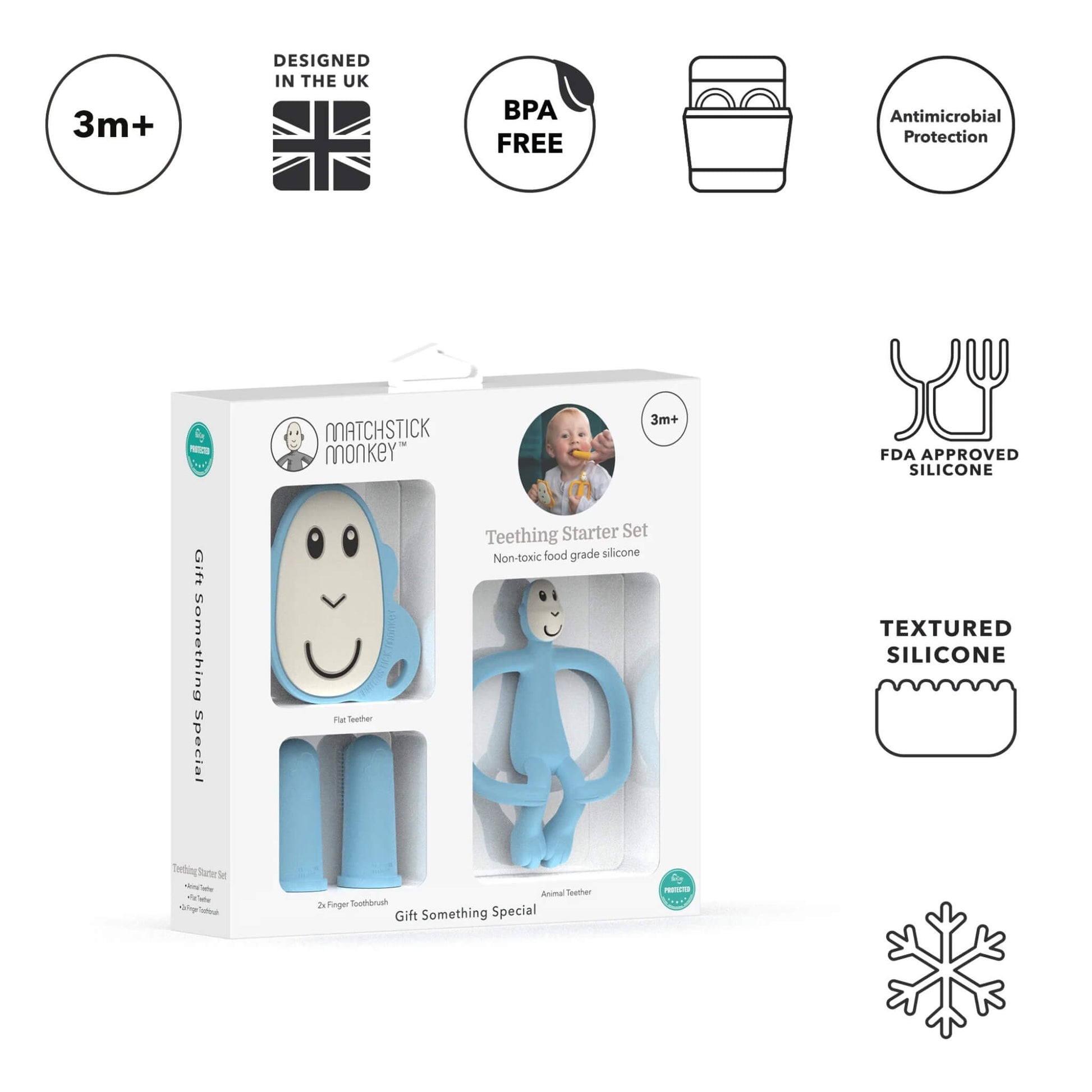 A teething starter set gift box alongside icons highlighting BPA-free silicone, antimicrobial protection, textured surfaces and suitability from 3 months.