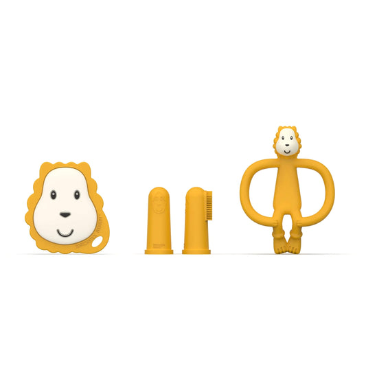 Matchstick Monkey Teething Starter Set in the Ludo Lion design displayed with a flat teether, two silicone finger toothbrushes, and a lion-shaped teether arranged in a row.