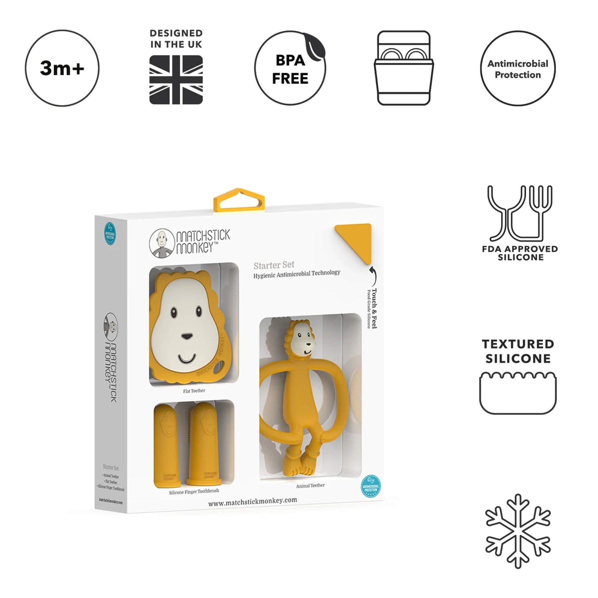 A boxed teething starter set shown with the Ludo Lion design, pictured inside retail packaging with icons above highlighting age guidance and material features.
