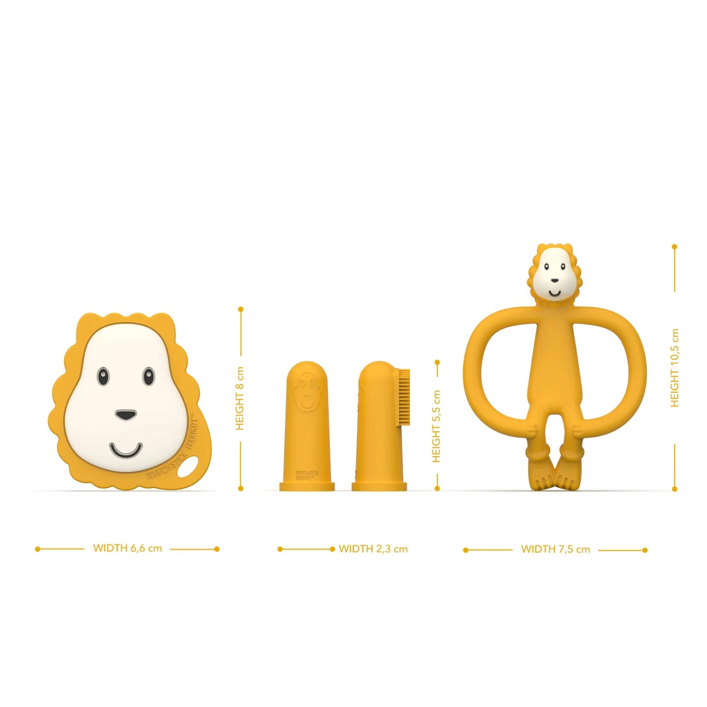 A flat lion teether, two silicone finger toothbrushes, and a lion-shaped teether displayed in a row with height and width measurements annotated around each item.
