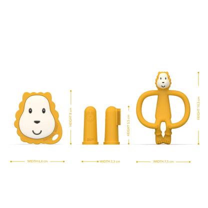 A flat lion teether, two silicone finger toothbrushes, and a lion-shaped teether displayed in a row with height and width measurements annotated around each item.
