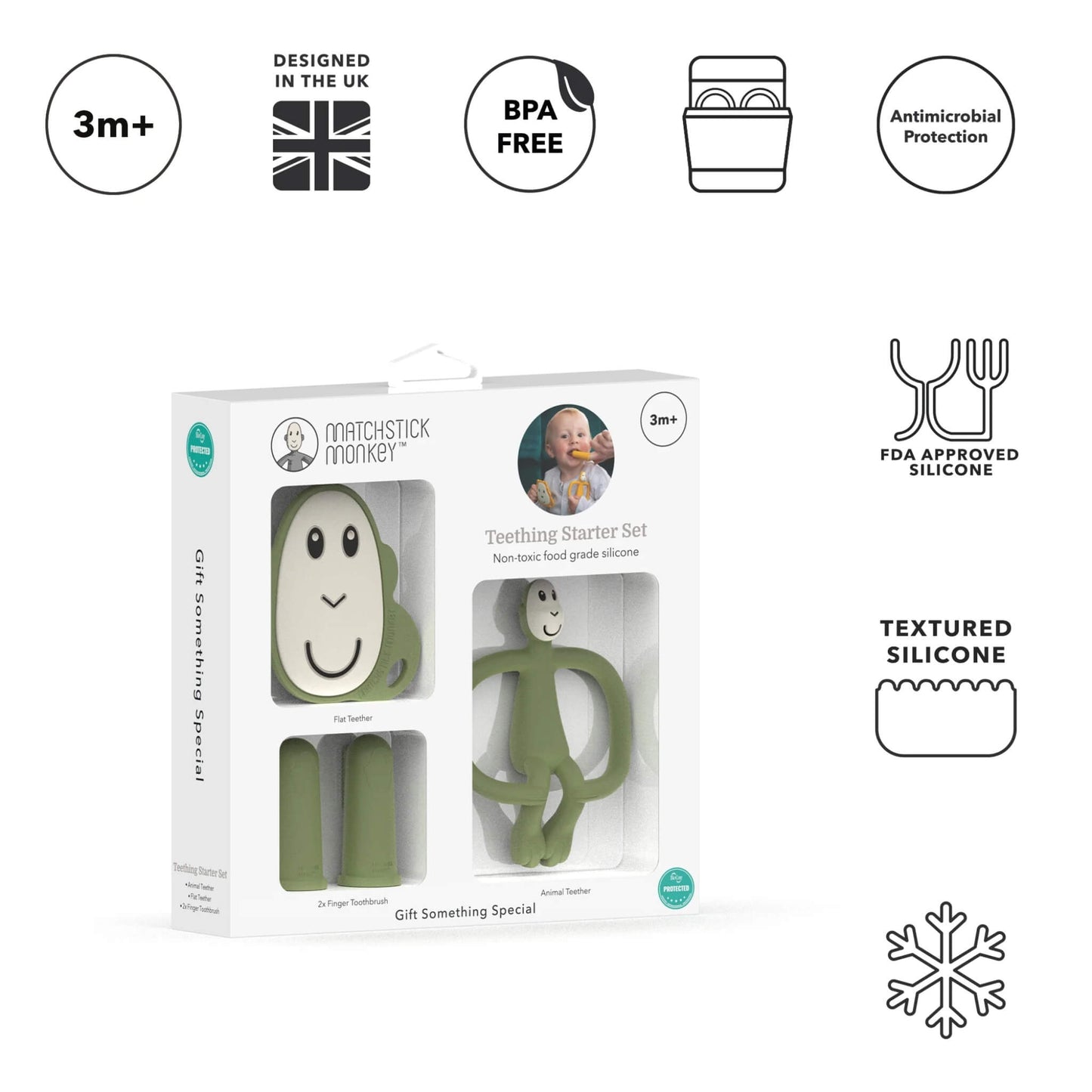 A teething starter set gift box alongside icons highlighting BPA-free silicone, antimicrobial protection, textured surfaces and suitability from 3 months.