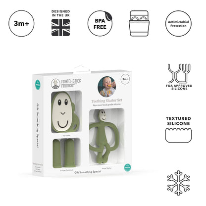 A teething starter set gift box alongside icons highlighting BPA-free silicone, antimicrobial protection, textured surfaces and suitability from 3 months.