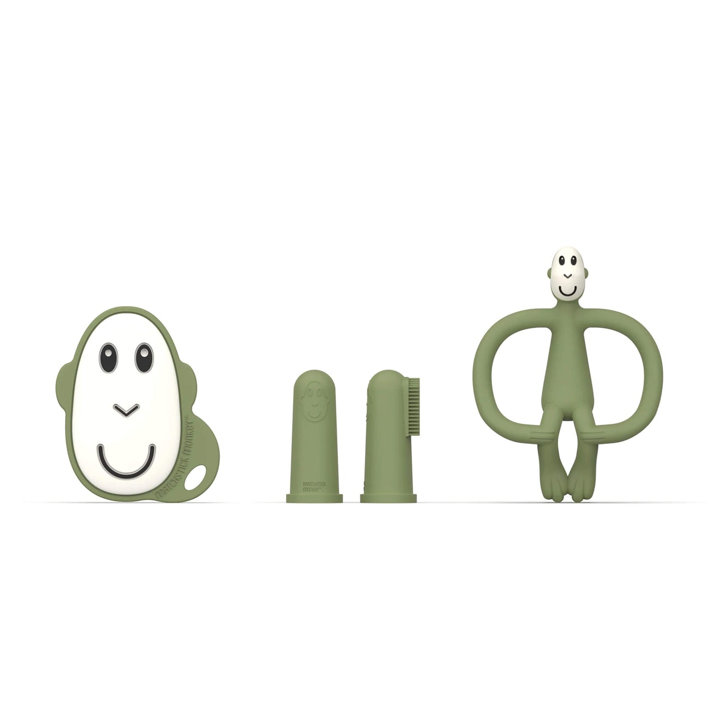 Matchstick Monkey Teething Starter Set Olive including a flat teether, animal teether and two finger toothbrushes arranged on a white background.