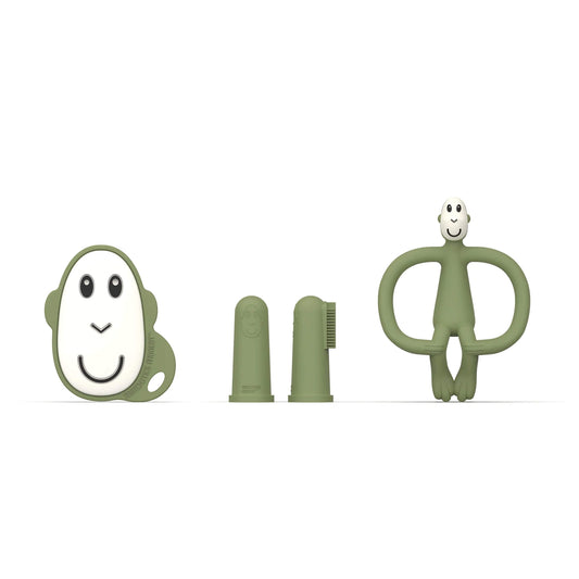 Matchstick Monkey Teething Starter Set Olive including a flat teether, animal teether and two finger toothbrushes arranged on a white background.