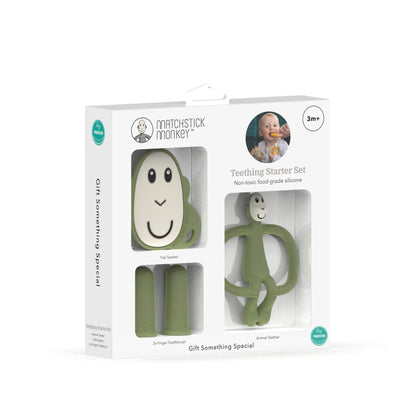 A Matchstick Monkey Teething Starter Set Olive gift box showing a flat teether, animal teether and two silicone finger toothbrushes.
