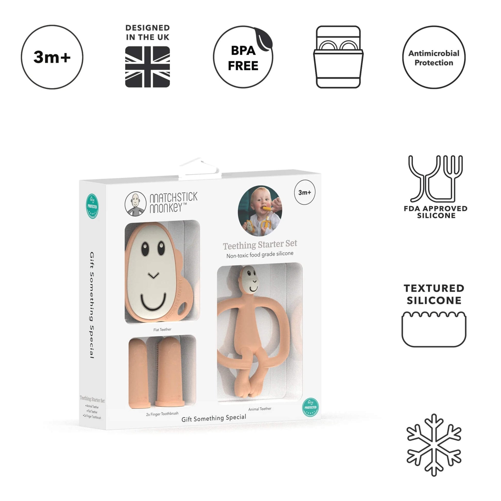 A teething starter set gift box alongside icons highlighting BPA-free silicone, antimicrobial protection, textured surfaces and suitability from 3 months.