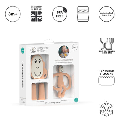 A teething starter set gift box alongside icons highlighting BPA-free silicone, antimicrobial protection, textured surfaces and suitability from 3 months.