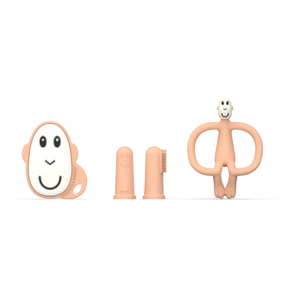 Matchstick Monkey Teething Starter Set Peach including a flat teether, animal teether and two finger toothbrushes displayed on a white background.