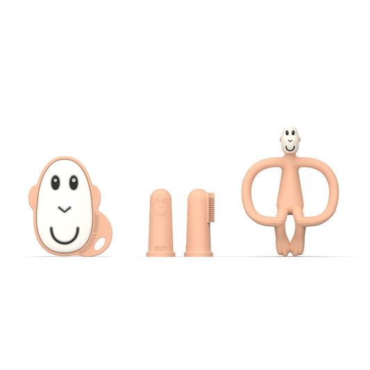 Matchstick Monkey Teething Starter Set Peach including a flat teether, animal teether and two finger toothbrushes displayed on a white background.