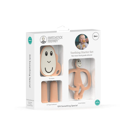 A Matchstick Monkey Teething Starter Set Peach gift box showing a flat teether, animal teether and two silicone finger toothbrushes.