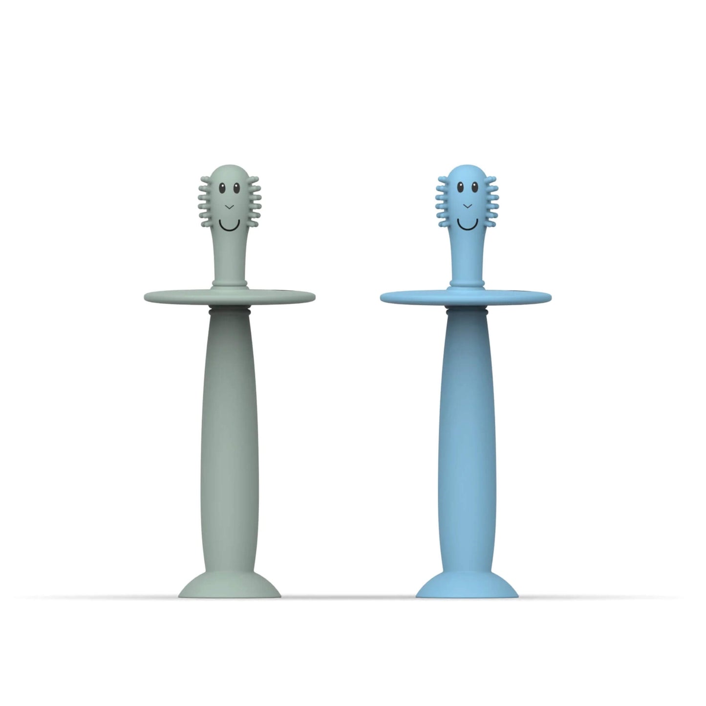 Matchstick Monkey Training Toothbrush with Stopper baby toothbrush set in mint green and light blue silicone with wide safety guards and suction cup bases.