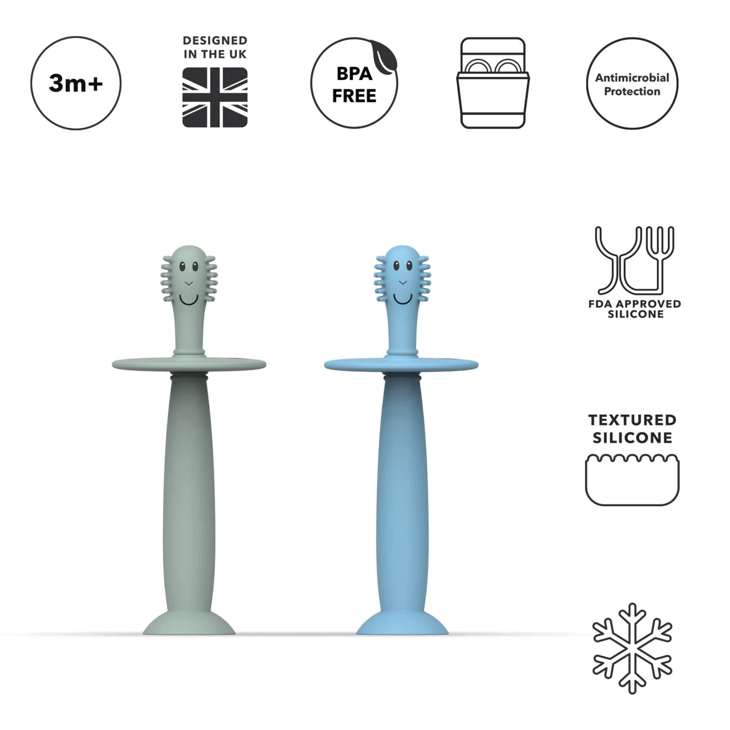 Product feature graphic showing 3 months plus suitability, BPA free silicone, antimicrobial protection and textured silicone material icons.