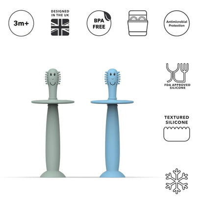 Product feature graphic showing 3 months plus suitability, BPA free silicone, antimicrobial protection and textured silicone material icons.
