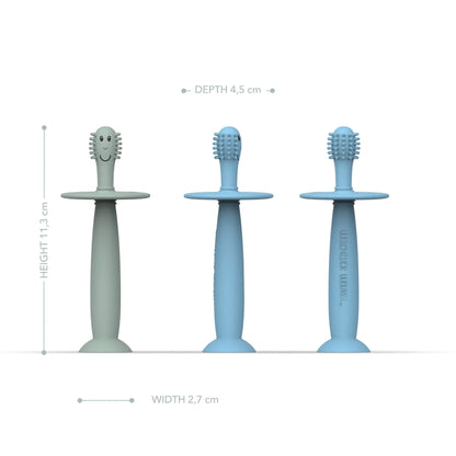 Two silicone training toothbrushes shown from multiple angles with labelled measurements showing height 11.3 cm, width 2.7 cm and brush head depth.