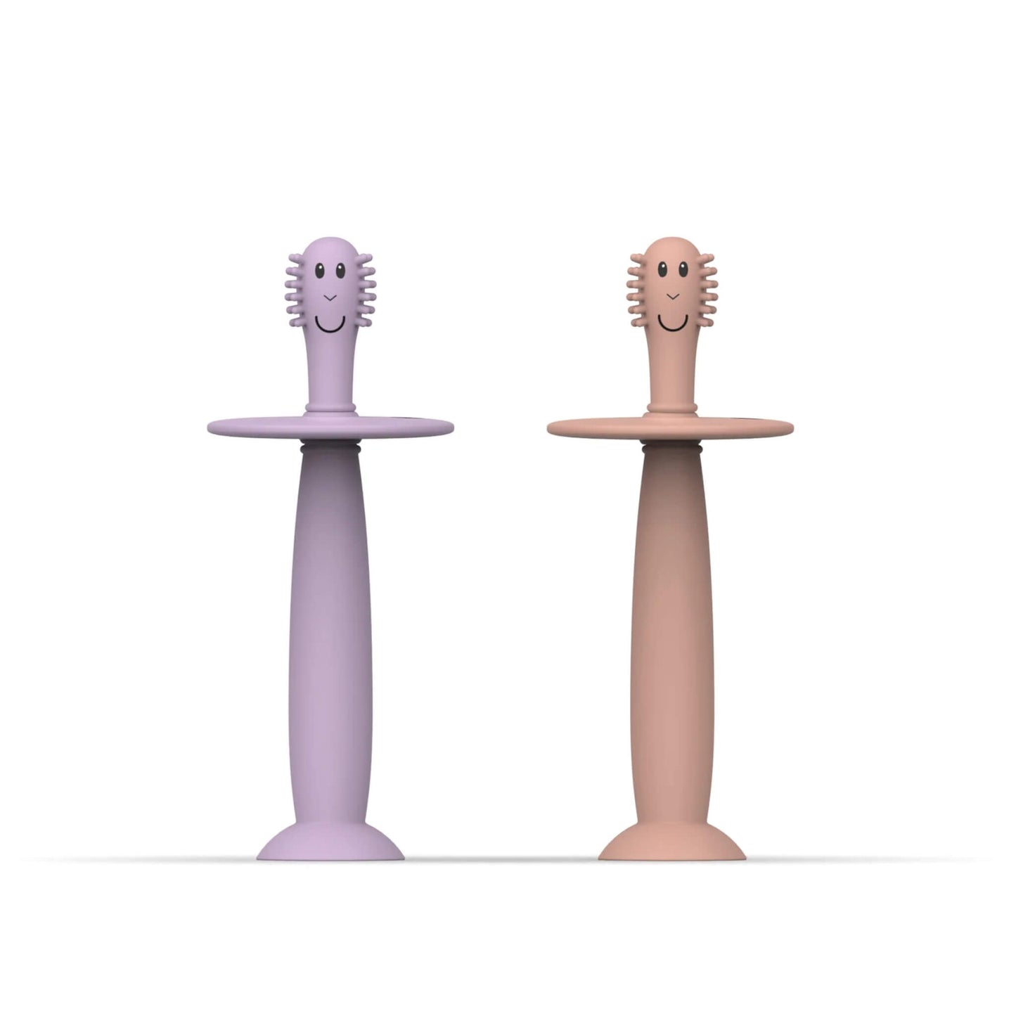 Matchstick Monkey Training Toothbrush with Stopper baby toothbrush set in dusty pink and lilac silicone with wide safety guards and suction cup bases.