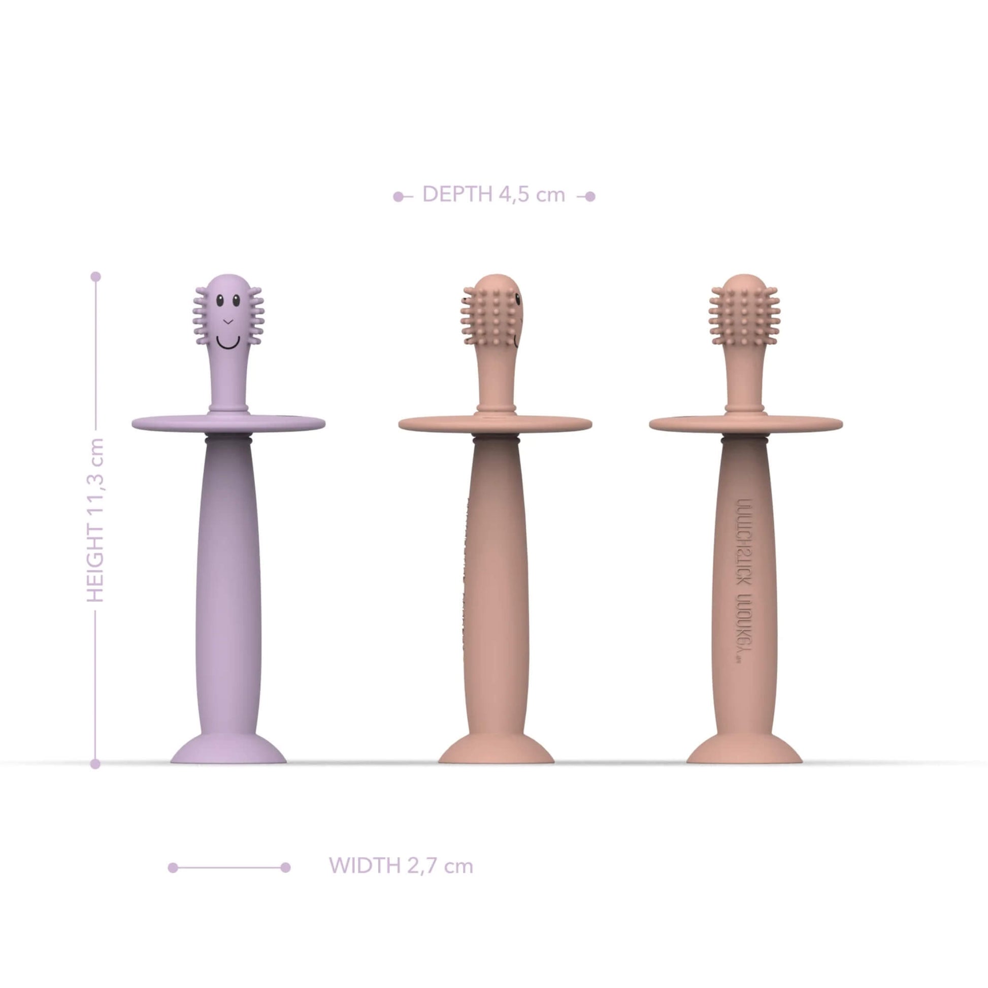 Two silicone training toothbrushes shown from multiple angles with labelled measurements showing height 11.3 cm, width 2.7 cm and brush head depth.