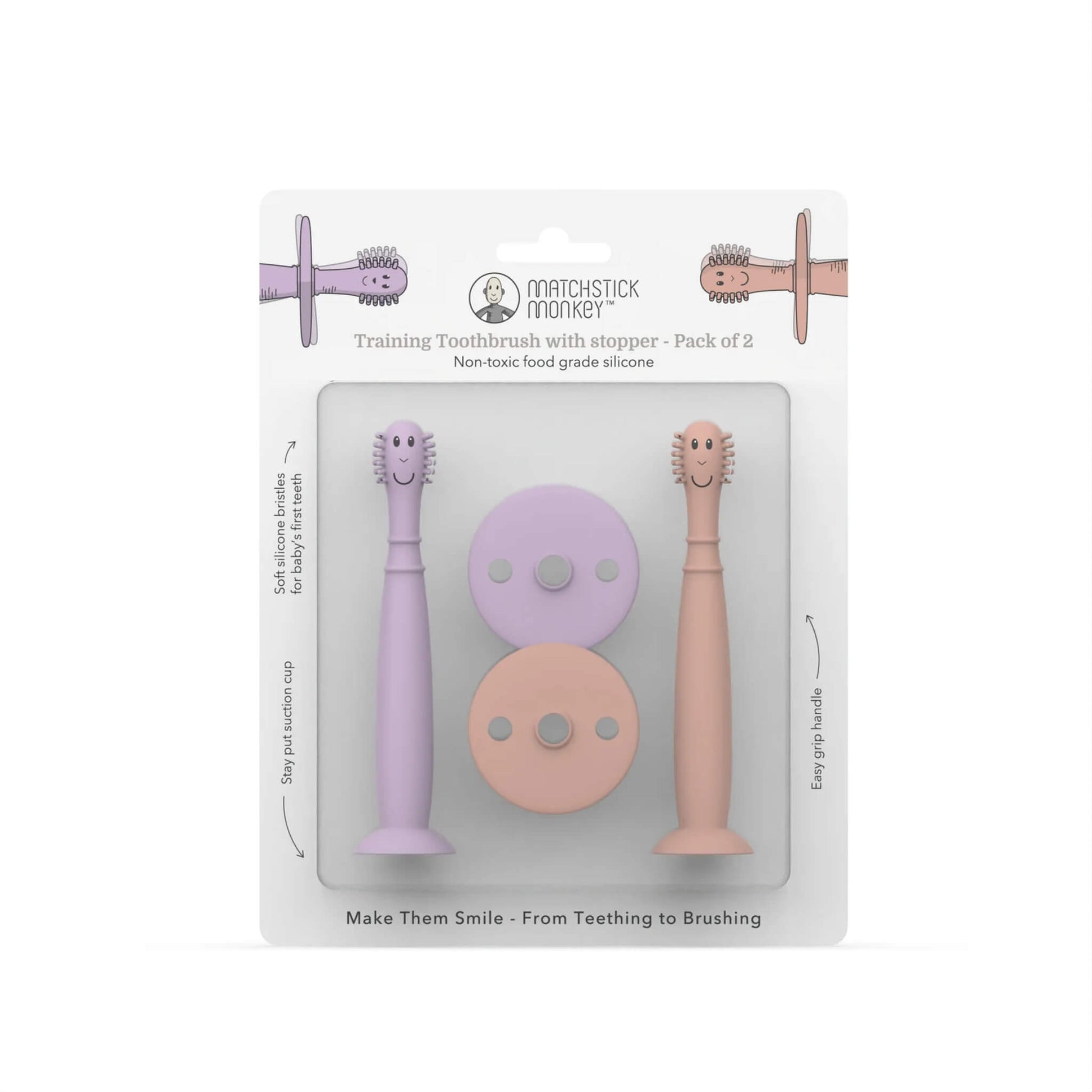 Pack of two silicone baby training toothbrushes with removable safety stoppers displayed inside retail packaging.