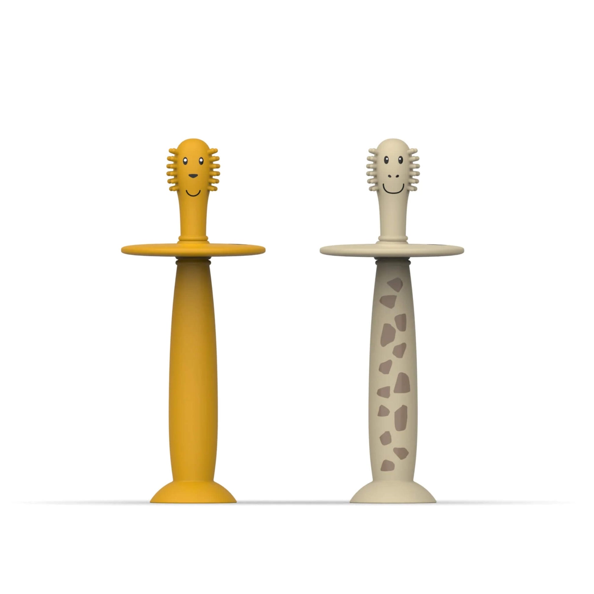 Giraffe and Lion Matchstick Monkey Baby Training Toothbrush with Stopper. Silicone with wide safety guards and suction cup bases.