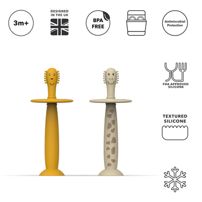 Product feature graphic showing 3 months plus suitability, BPA free silicone, antimicrobial protection and textured silicone material icons.