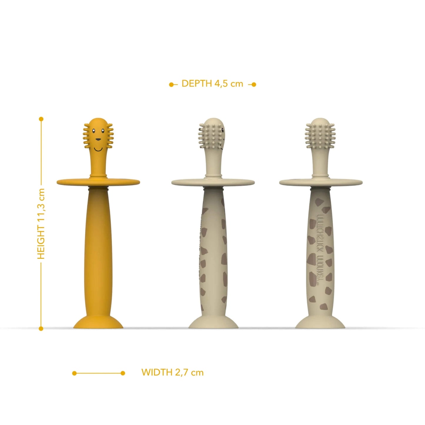 Two silicone training toothbrushes shown from multiple angles with labelled measurements showing height 11.3 cm, width 2.7 cm and brush head depth.