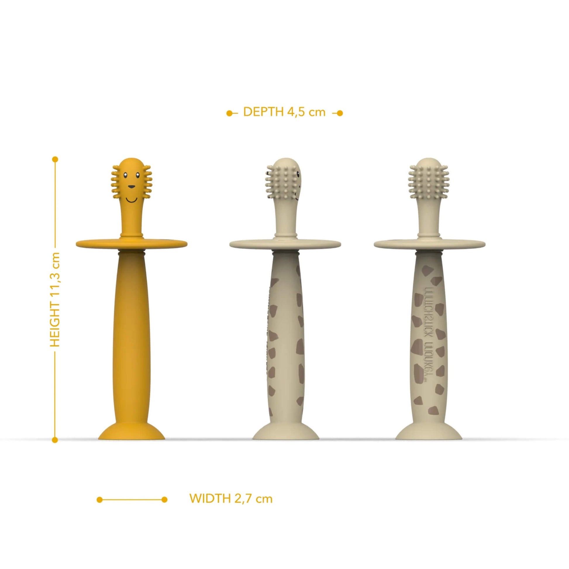 Two silicone training toothbrushes shown from multiple angles with labelled measurements showing height 11.3 cm, width 2.7 cm and brush head depth.