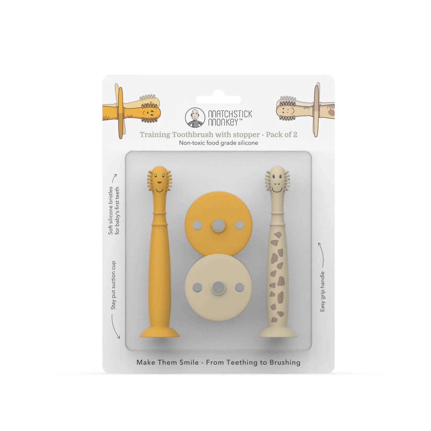 Pack of two silicone baby training toothbrushes with removable safety stoppers displayed inside retail packaging.