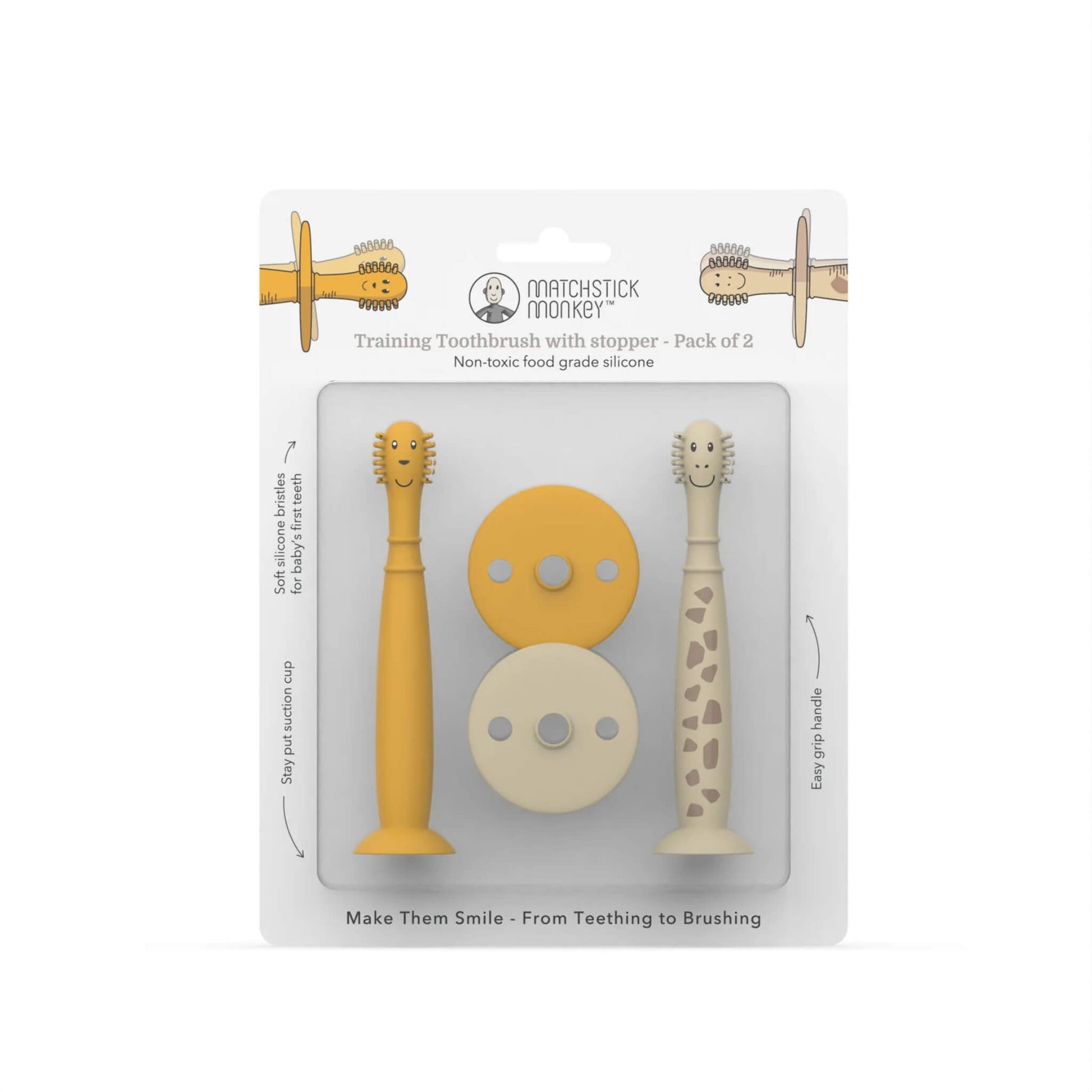 Pack of two silicone baby training toothbrushes with removable safety stoppers displayed inside retail packaging.