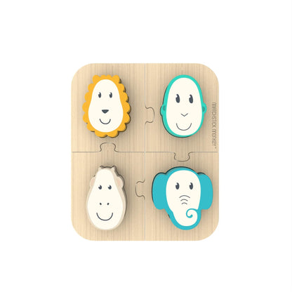 Matchstick Monkey Wooden Animal Puzzle showing four chunky animal-shaped pieces fitted into a natural wood base.