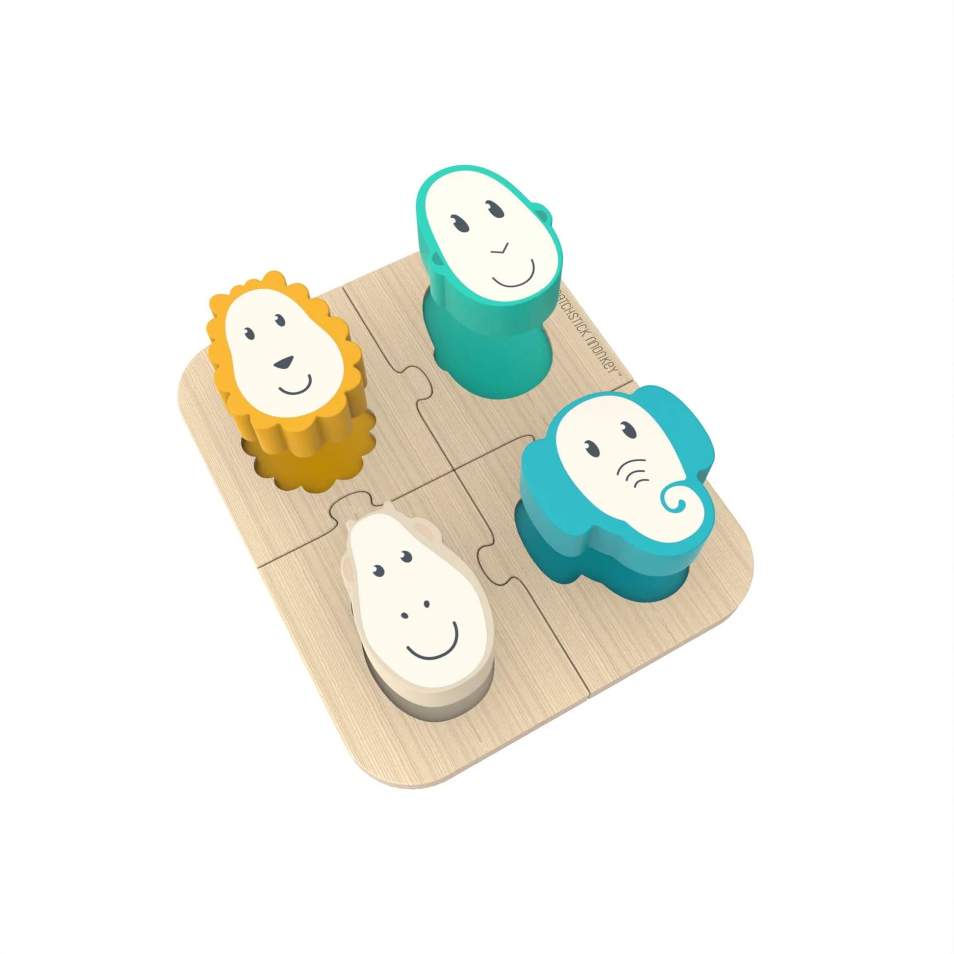 A wooden animal puzzle photographed at an angle, showing the raised chunky pieces sitting above their matching cut-outs on the wooden base.