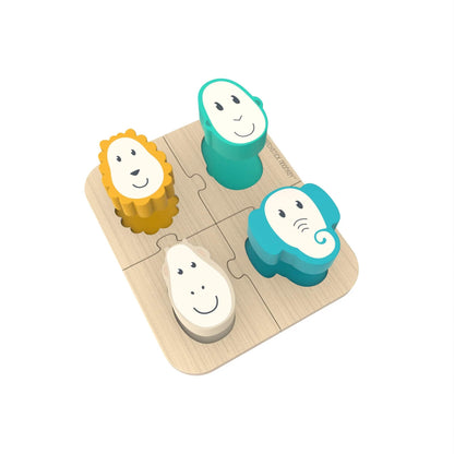 A wooden animal puzzle photographed at an angle, showing the raised chunky pieces sitting above their matching cut-outs on the wooden base.