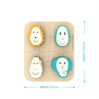 A wooden puzzle board photographed from above with measurements displayed, showing a square layout with four animal-shaped pieces and size markers reading 12.5 cm by 12.5 cm.