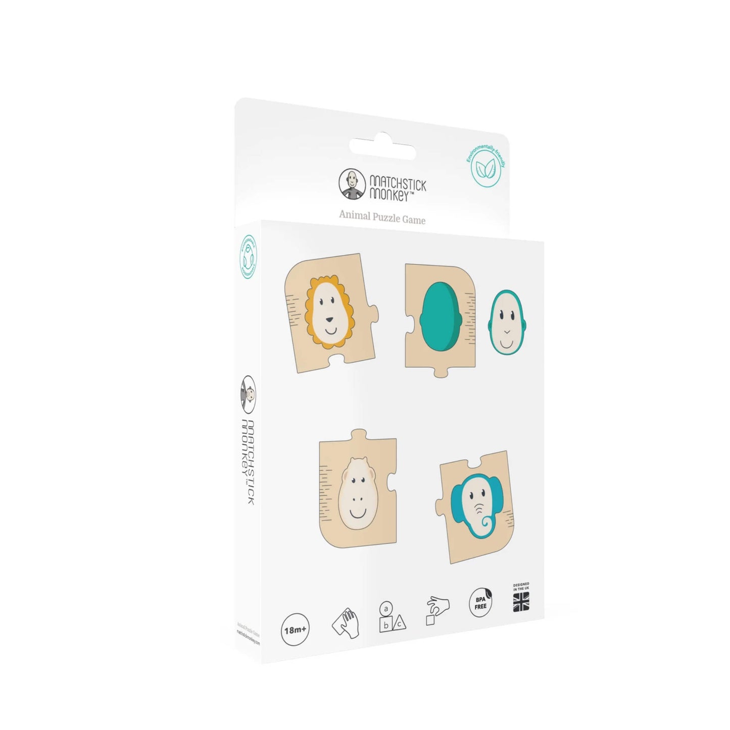 The puzzle set shown in its retail packaging, featuring illustrations of the wooden pieces and icons indicating age suitability and safety information.