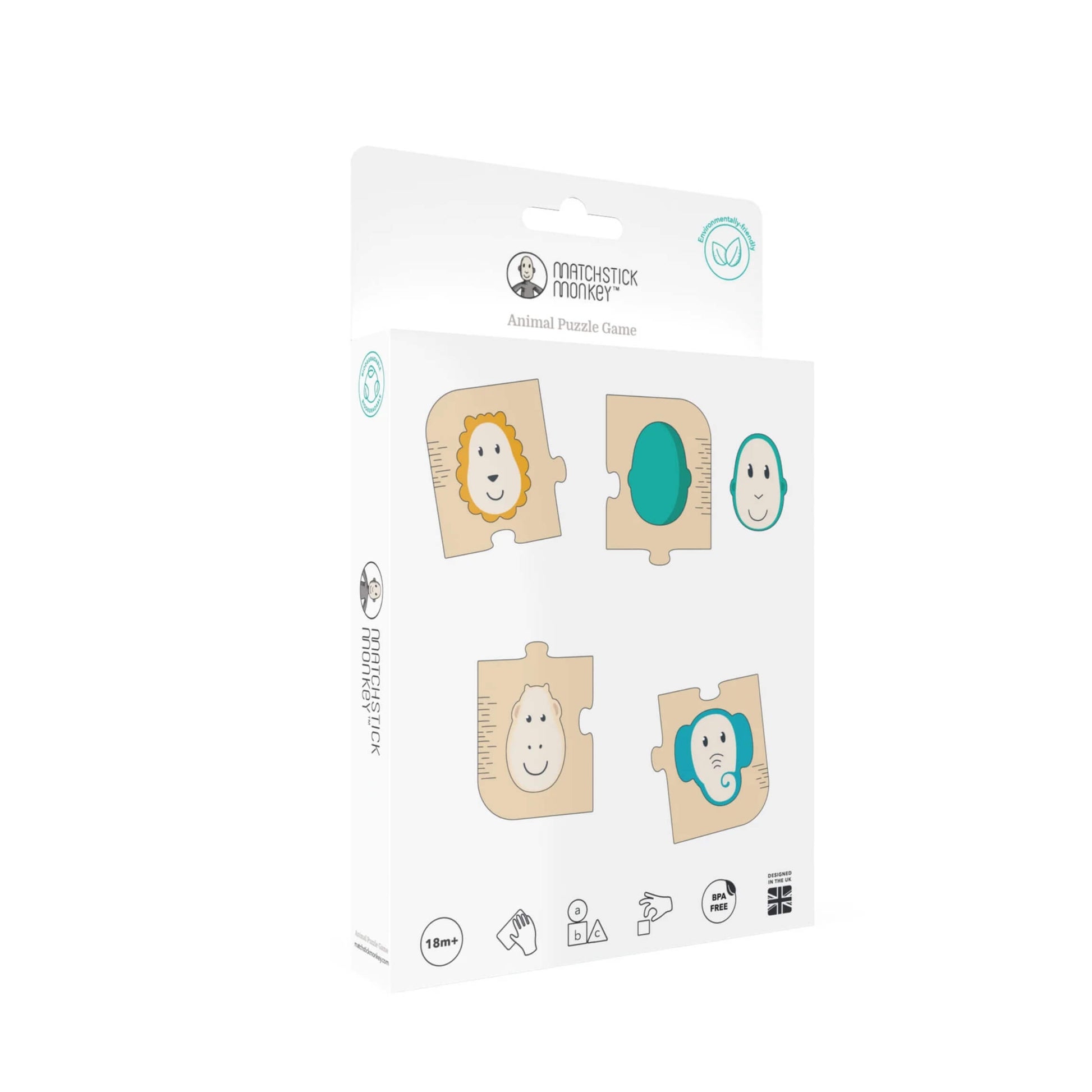 The puzzle set shown in its retail packaging, featuring illustrations of the wooden pieces and icons indicating age suitability and safety information.