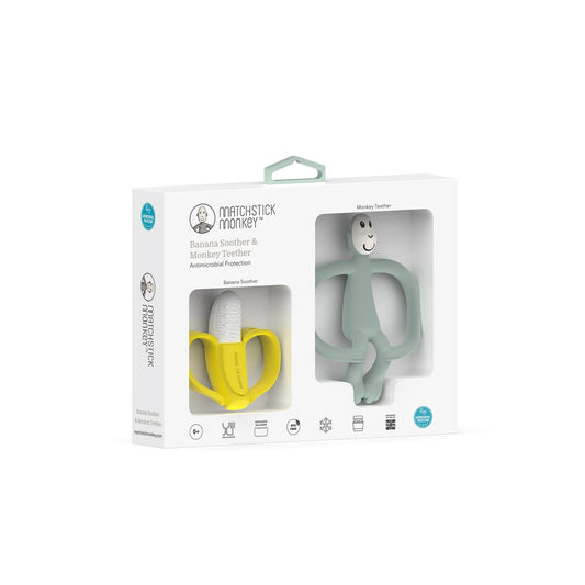 Gift set which contains a Matchstick Monkey Teether and Banana Teething Soother. Textured to massage first signs of teething and eases the transition to the teether.
